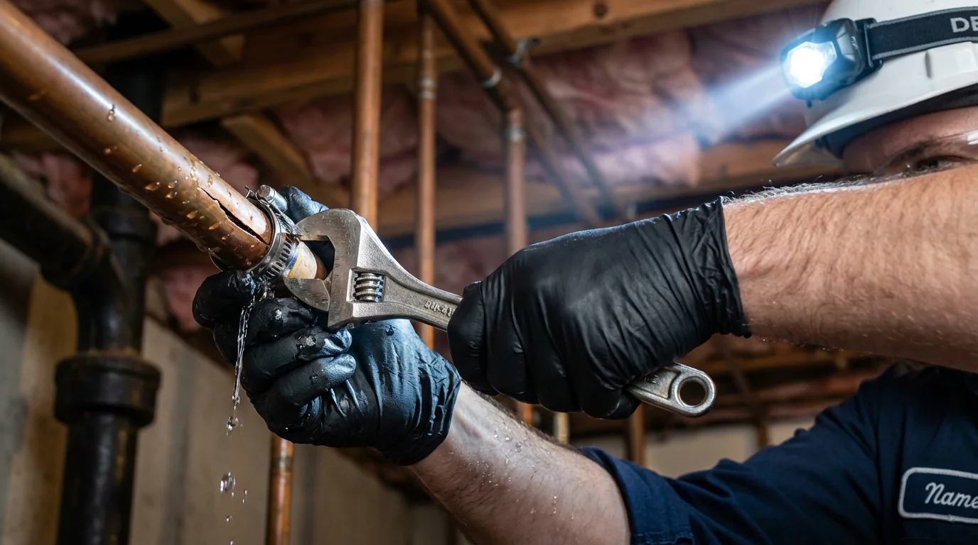 Emergency pipe clamp repair being performed by a Johns Plumbing LLC plumber in Rolling Meadows