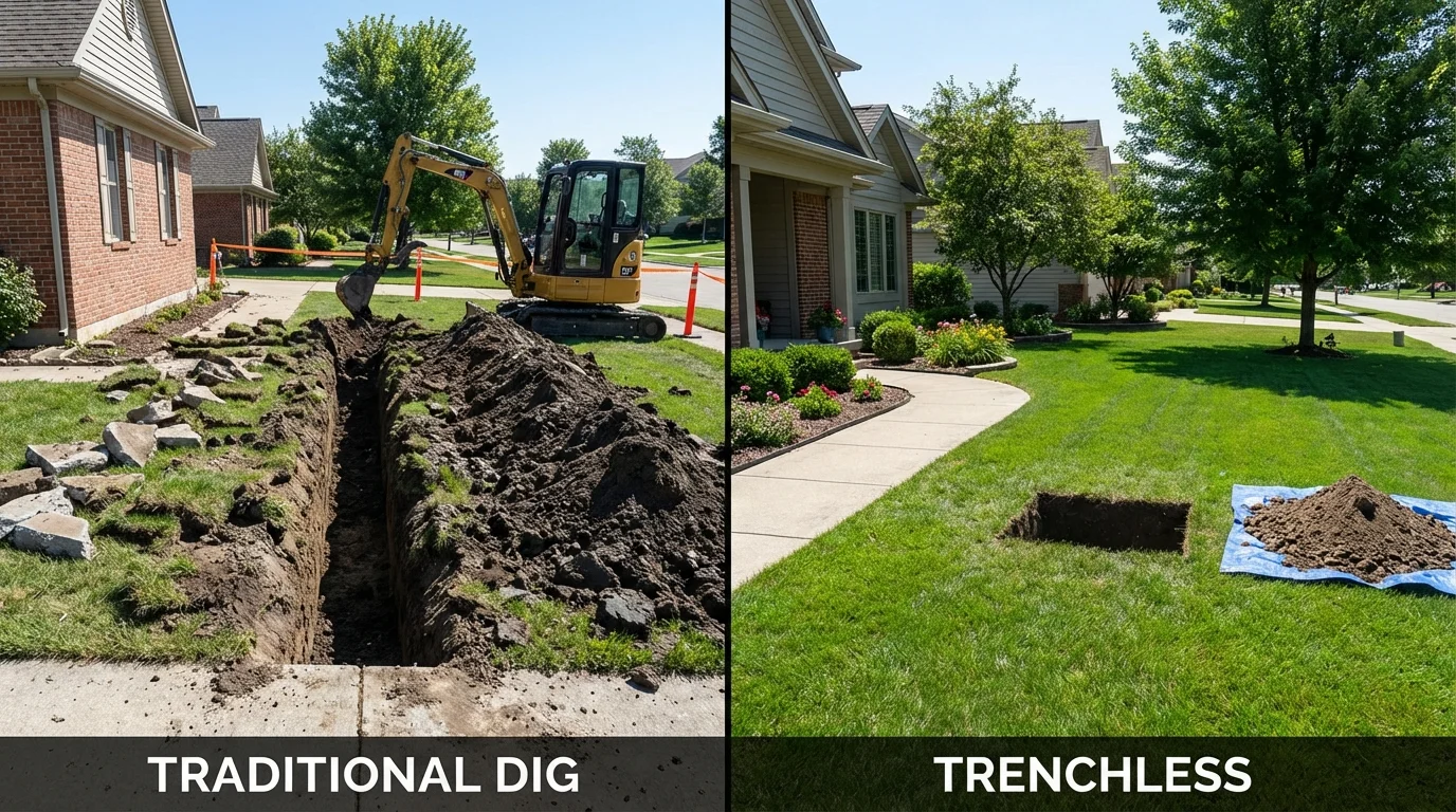 Trenchless sewer repair with minimal yard damage versus traditional excavation in Rolling Meadows, IL