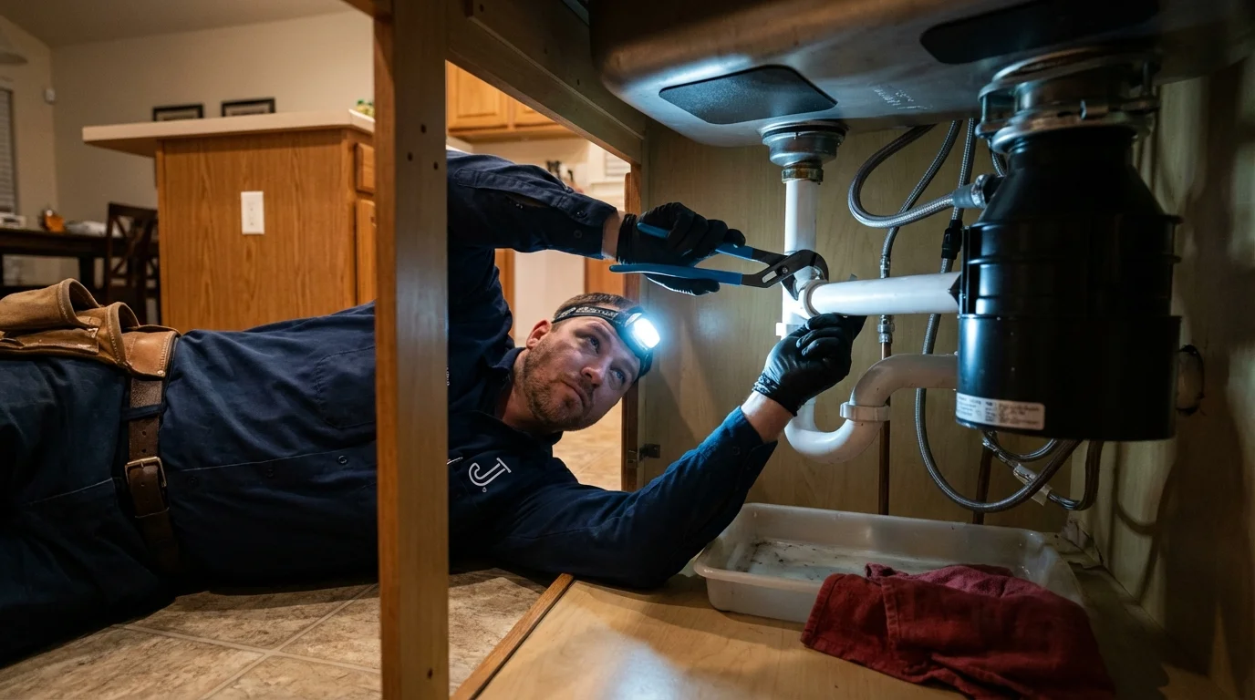 P-trap and supply line connections under a kitchen sink showing a common leak point in Rolling Meadows, IL